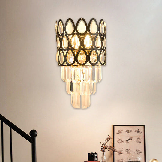 Contemporary Grid Wall Mount Teardrop Crystal Light - 3 Lights Black/Gold Sconce Lamp Fixture