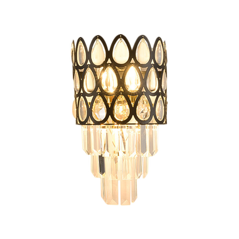 Contemporary Grid Wall Mount Teardrop Crystal Light - 3 Lights Black/Gold Sconce Lamp Fixture