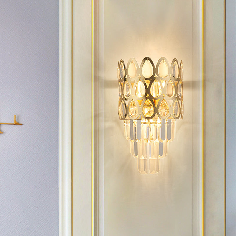 Contemporary Grid Wall Mount Teardrop Crystal Light - 3 Lights Black/Gold Sconce Lamp Fixture