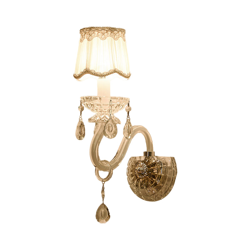 Traditional White Candle Wall Lamp With Clear Crystal Accent And Scalloped Fabric Shade