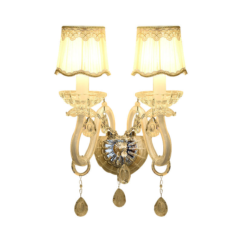 Traditional White Candle Wall Lamp With Clear Crystal Accent And Scalloped Fabric Shade