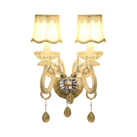 Traditional White Candle Wall Lamp With Clear Crystal Accent And Scalloped Fabric Shade