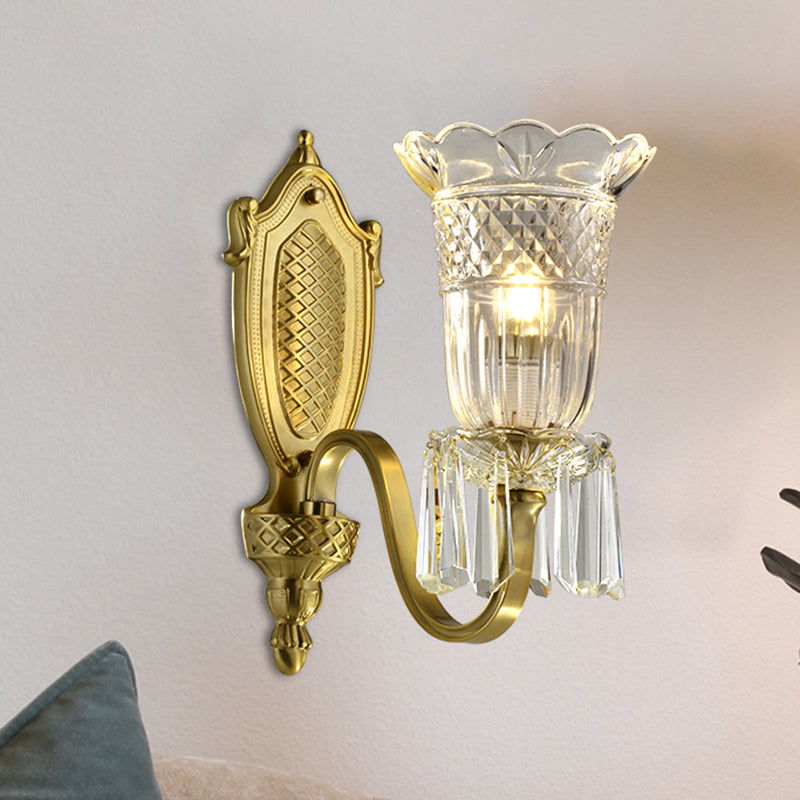 Vintage Floral Wall Light With Clear Crystal Glass Shade In Gold - 1 Mounted Lamp
