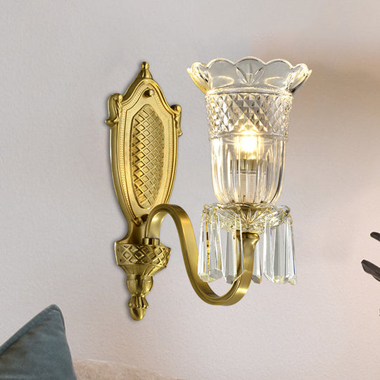 Vintage Floral Wall Light With Clear Crystal Glass Shade In Gold - 1 Mounted Lamp