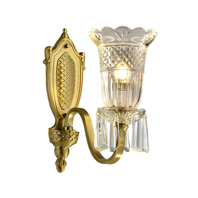 Vintage Floral Wall Light With Clear Crystal Glass Shade In Gold - 1 Mounted Lamp