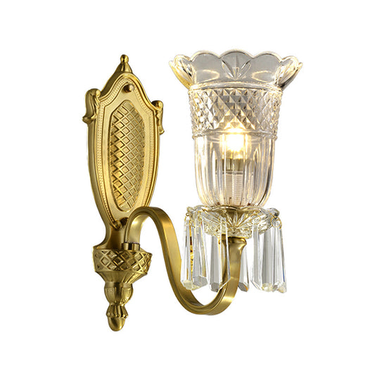 Vintage Floral Wall Light With Clear Crystal Glass Shade In Gold - 1 Mounted Lamp