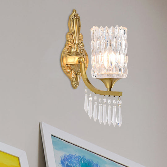 Postmodern Gold Column Wall Lamp With Clear Crystal Shade - Elegant Single Bulb Lighting Fixture