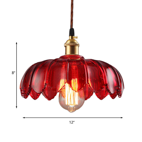 Industrial Scalloped Pendant Lamp - 1 Light Red Glass Hanging Ceiling For Living Room