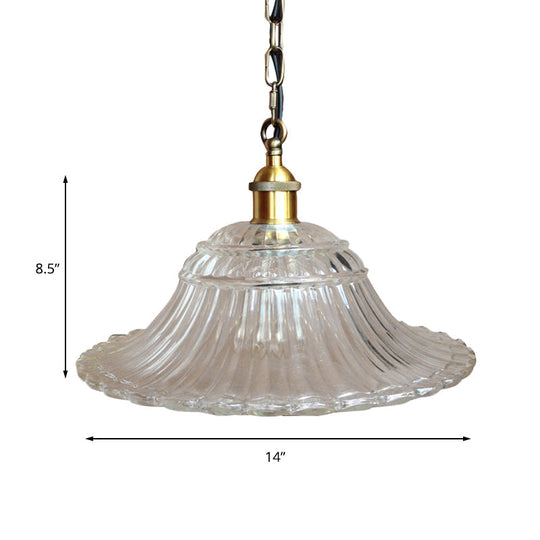 Vintage Brass Ribbed Glass Scalloped Pendant Ceiling Light Fixture - 1-Light Hanging