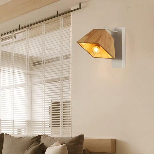 Beige Trapezoid Shade Rotatable Wood Wall Sconce - Modern Balcony Bedroom Lamp