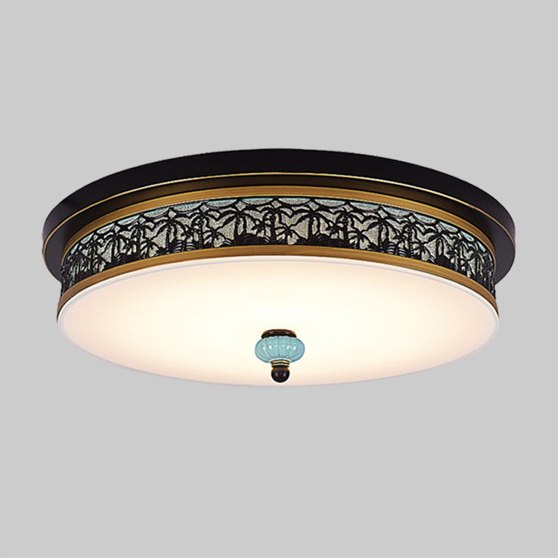 16 - 19.5 W Led Flush Mount Ceiling Light Fixture | Black-Gold Opal Glass Drum Dining Hall