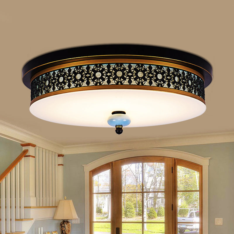 16’ - 19.5’ W Led Flush Mount Ceiling Light Fixture | Black - Gold Opal Glass Drum Dining Hall