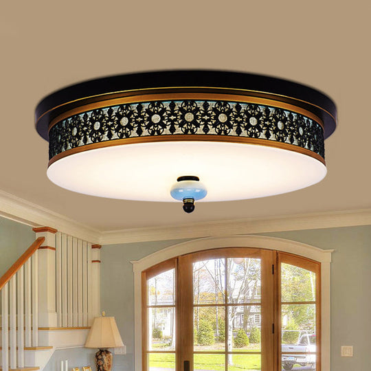 16’ - 19.5’ W Led Flush Mount Ceiling Light Fixture | Black - Gold Opal Glass Drum Dining Hall