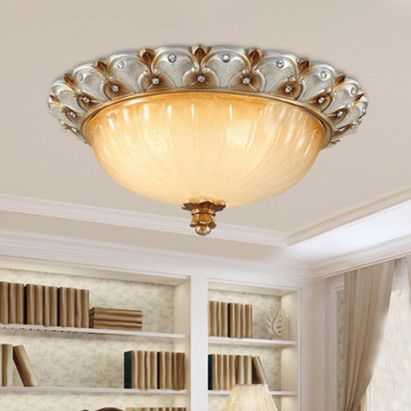 Farmhouse Ribbed Glass Ceiling Light: Domed Design 3 Bulbs Beige Flush Mount / 16’