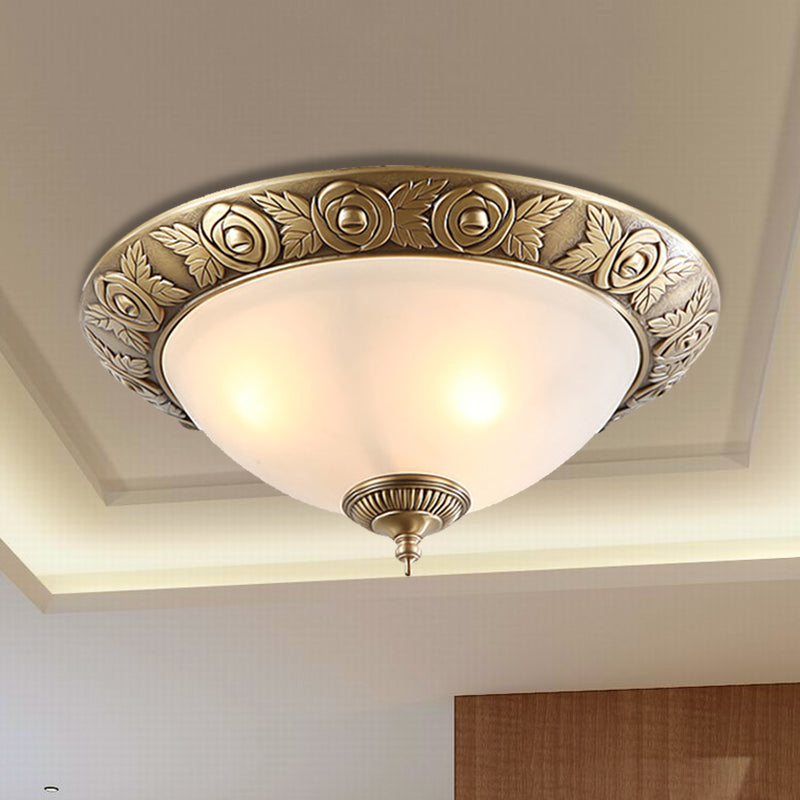 Antiqued Milky Glass Bedroom Ceiling Light With Brass Flush Mount - 2/3 - Head Available In 12’
