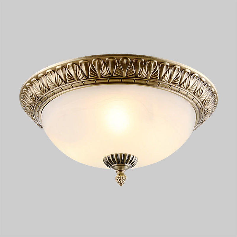 Retro Style White Glass Brass Ceiling Fixture With Dome Design - 2/3 - Light Flush Mount Lighting