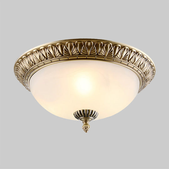 Retro Style White Glass Brass Ceiling Fixture With Dome Design - 2/3 - Light Flush Mount Lighting