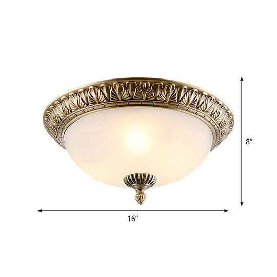 Retro Style White Glass Brass Ceiling Fixture With Dome Design - 2/3 - Light Flush Mount Lighting