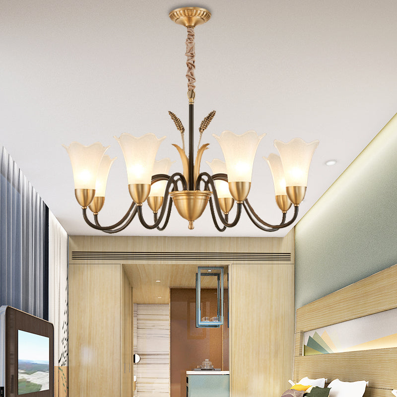 Country Style Mini Flower Pendulum Chandelier With Frosted Glass And Scroll Arm In Black/Gold - 6/8