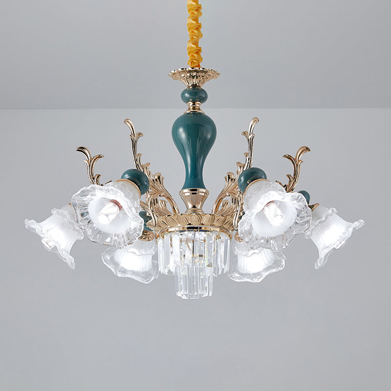 Traditional Blue Floral Crystal Chandelier Suspension Lamp With 6/8 Heads