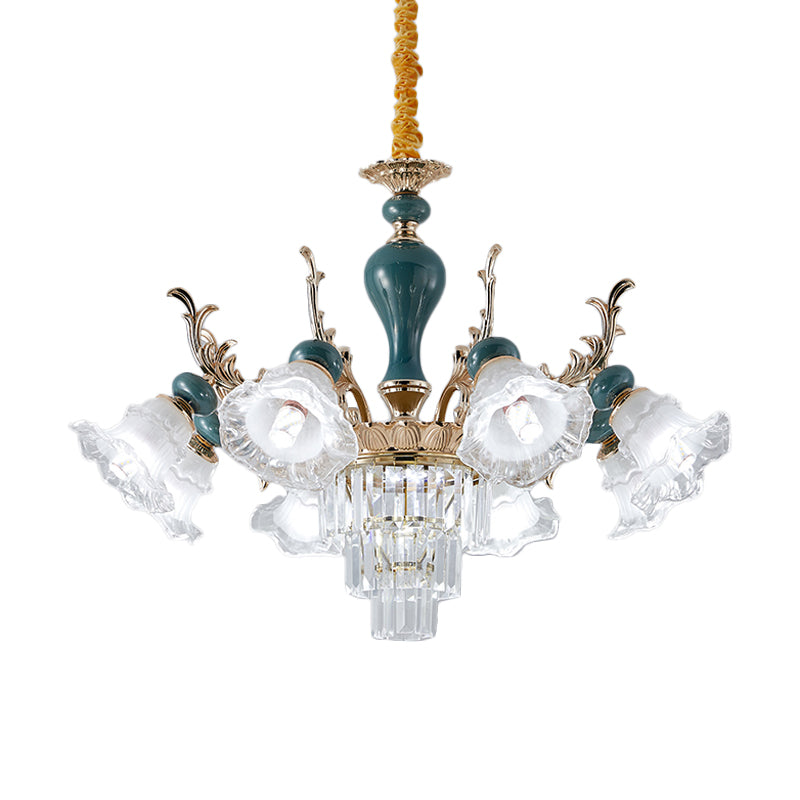 Traditional Blue Floral Crystal Chandelier Suspension Lamp With 6/8 Heads
