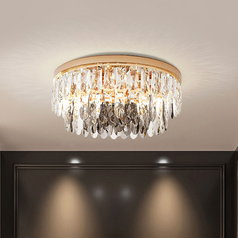 Clear Crystal Drum Flush Light - Contemporary Hotel Ceiling Fixture (3/4 - Light 11’/16’ Width)