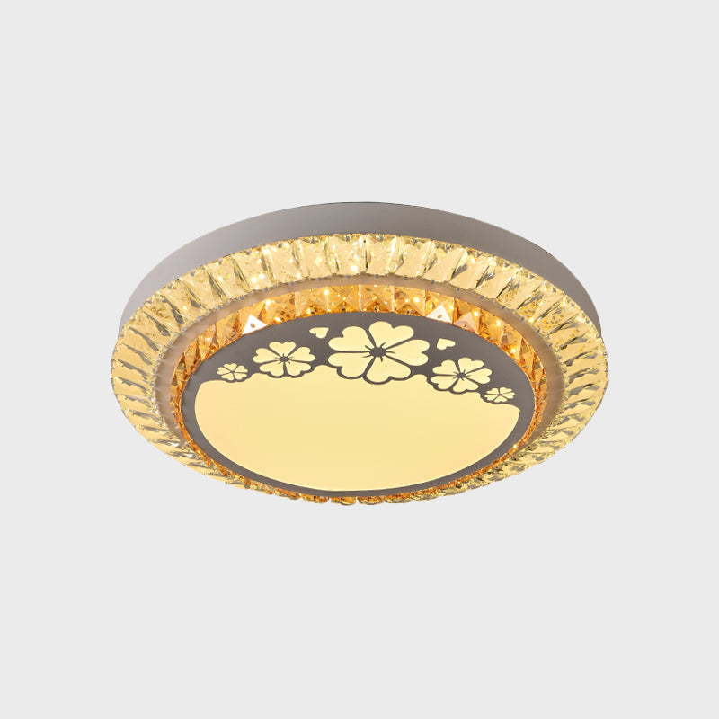 Contemporary Round Led Ceiling Flush Mount With Clear Cut Crystal & Elegant Floral/Cubical Pattern