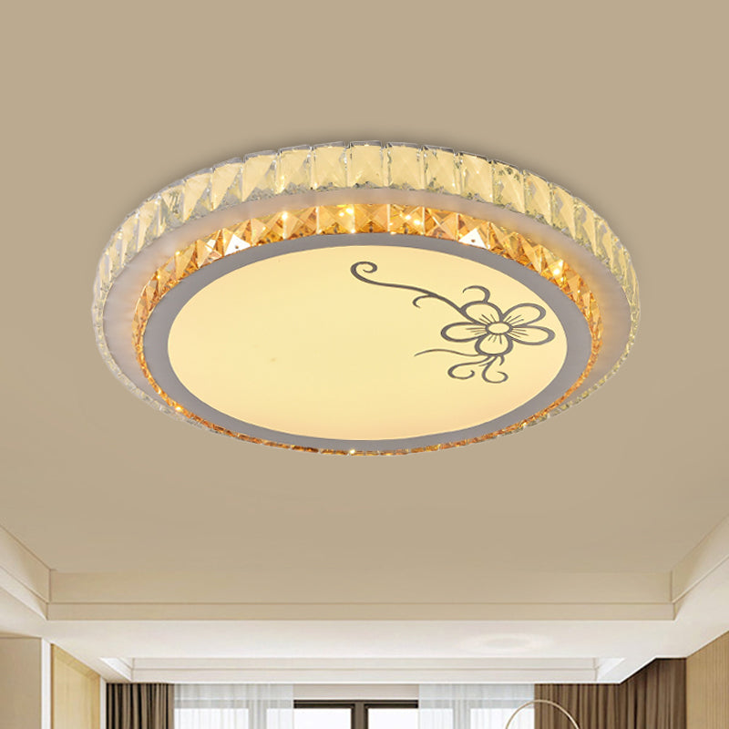 Contemporary Round Led Ceiling Flush Mount With Clear Cut Crystal & Elegant Floral/Cubical Pattern