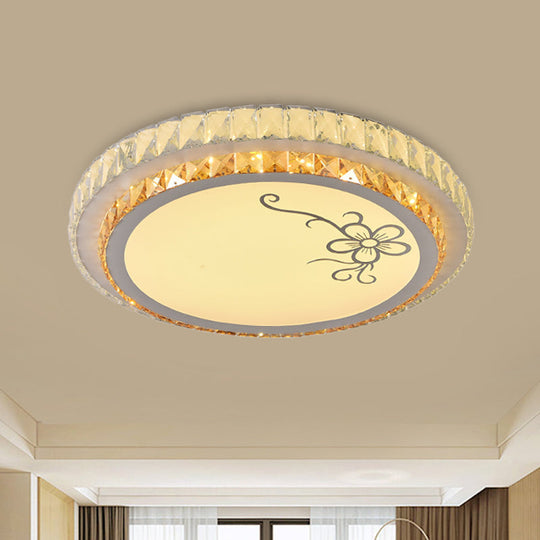 Contemporary Round Led Ceiling Flush Mount With Clear Cut Crystal & Elegant Floral/Cubical Pattern