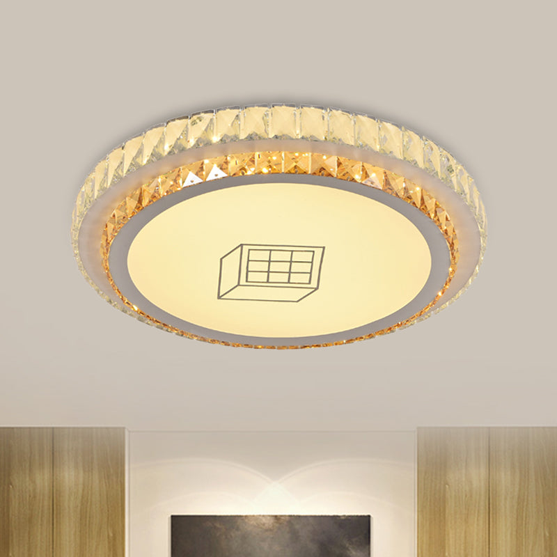 Contemporary Round Led Ceiling Flush Mount With Clear Cut Crystal & Elegant Floral/Cubical Pattern /