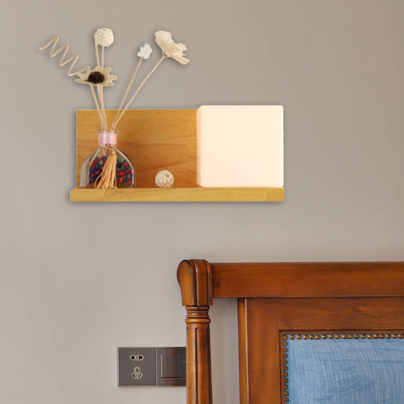 Beige Wall Lamp With Modern Cube Shade - Bedroom Sconce Light