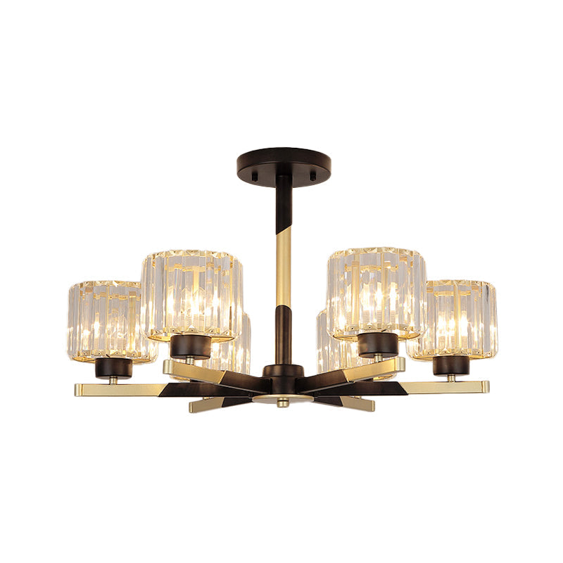 Modern Cylindrical Crystal Semi Flush Chandelier In Black - 6/8 - Head Living Room Ceiling Light