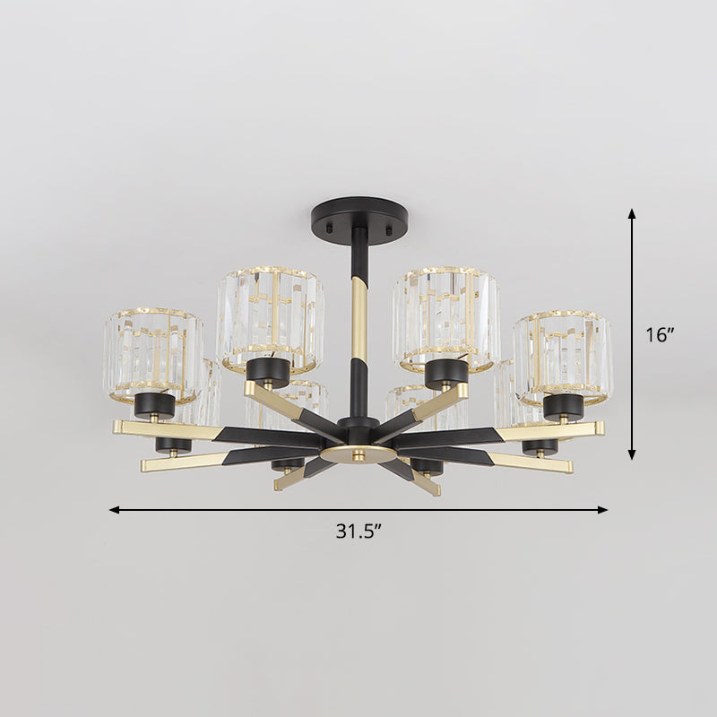 Modern Cylindrical Crystal Semi Flush Chandelier In Black - 6/8 - Head Living Room Ceiling Light
