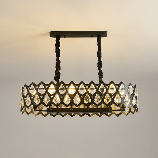 Black Oval Crystal Teardrops Suspension Light - Contemporary Island Pendant With 10/14 Bulbs