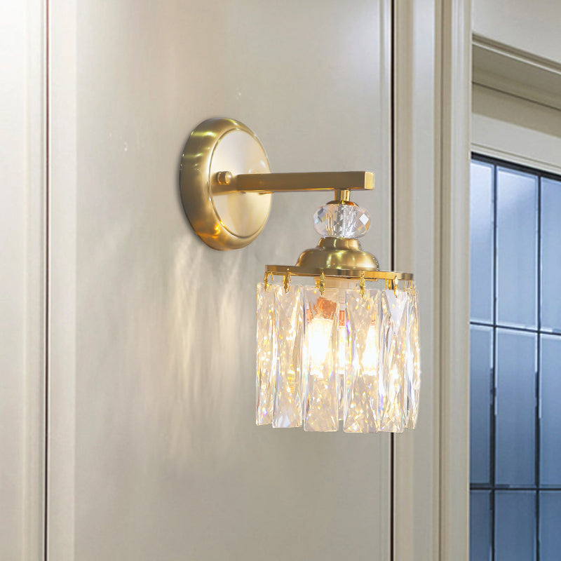 Modern Crystal Dining Room Wall Sconce - Clear Beveled Cut Cylinder Design Gold Finish