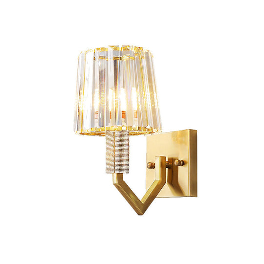 Postmodern Crystal Prism Gold Wall Sconce With Clear Tapered Shade - 1-Light Mount Fixture