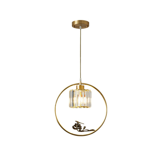 Modern Gold Circle Pendant With Crystal Cylinder Down Lighting For Dining Room – Includes