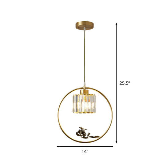Modern Gold Circle Suspension Pendant With Decorative Bird/Dragonfly - Crystal Cylinder Dining Room