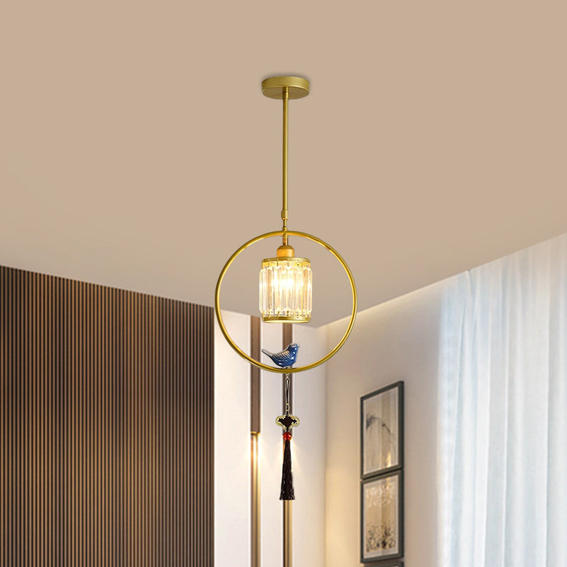 Modern Black/Gold Prismatic Crystal Pendant Light With Elegant Hoop And Tassel Design