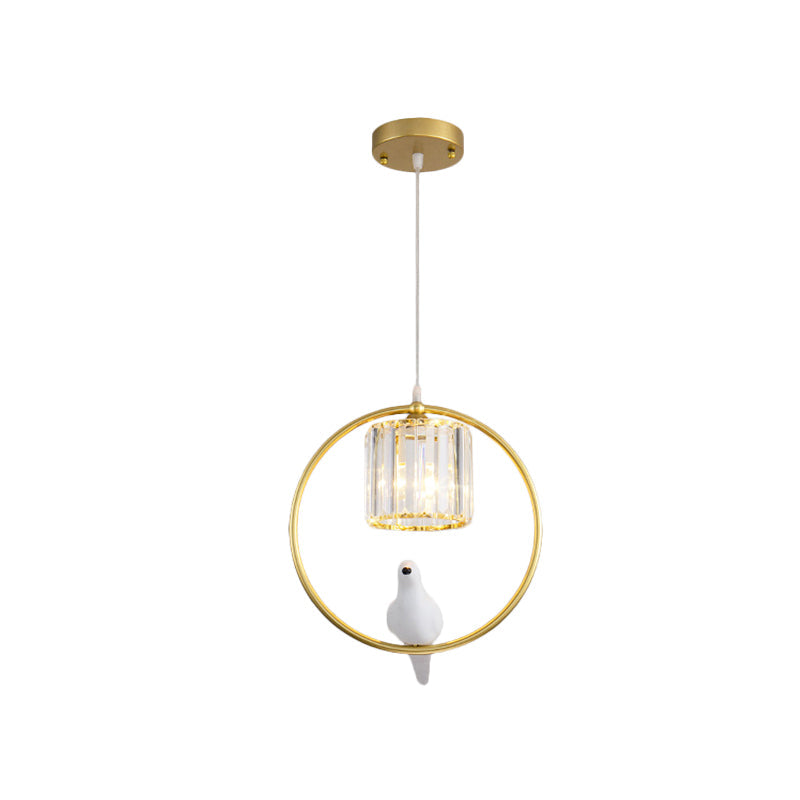 Black/Gold Hoop Pendulum Modern Pendant Light With Bird And Cylinder Crystal Shade