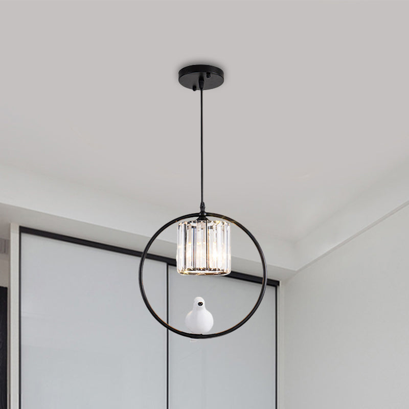 Black/Gold Hoop Pendulum Modern Pendant Light With Bird And Cylinder Crystal Shade