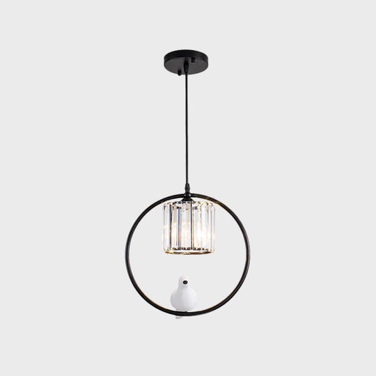 Black/Gold Hoop Pendulum Modern Pendant Light With Bird And Cylinder Crystal Shade