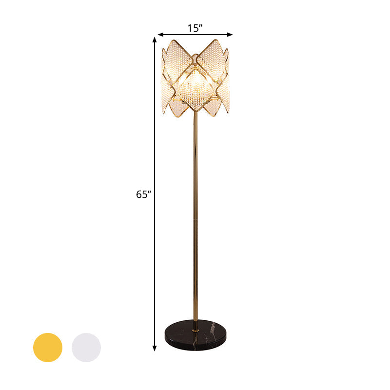 Modern Round Parlor Floor Lamp With Clear Crystal Strand 1 Head Gold/Chrome Light & Rhombus Design