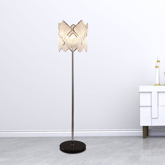 Modern Round Parlor Floor Lamp With Clear Crystal Strand 1 Head Gold/Chrome Light & Rhombus Design