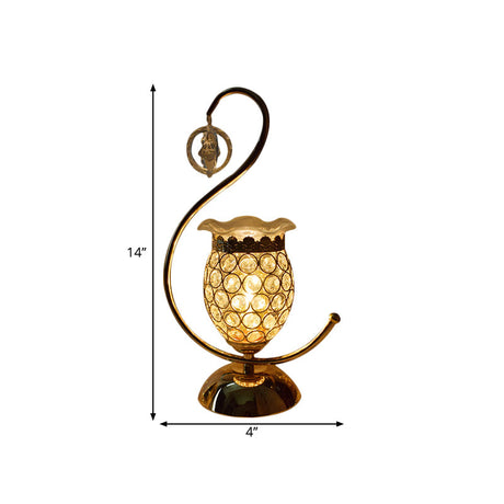 Modern Crystal-Encrusted Table Lamp With Curved Arm - Cube/Flower Shape Nightstand Light [Gold