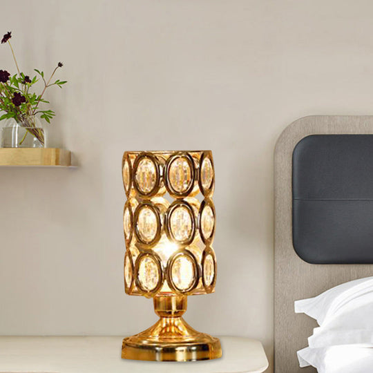 Viola - Modernism 1 Bulb Table Light With Crystal-Encrusted Shade Gold Tapered/Cylinder Reading Lamp