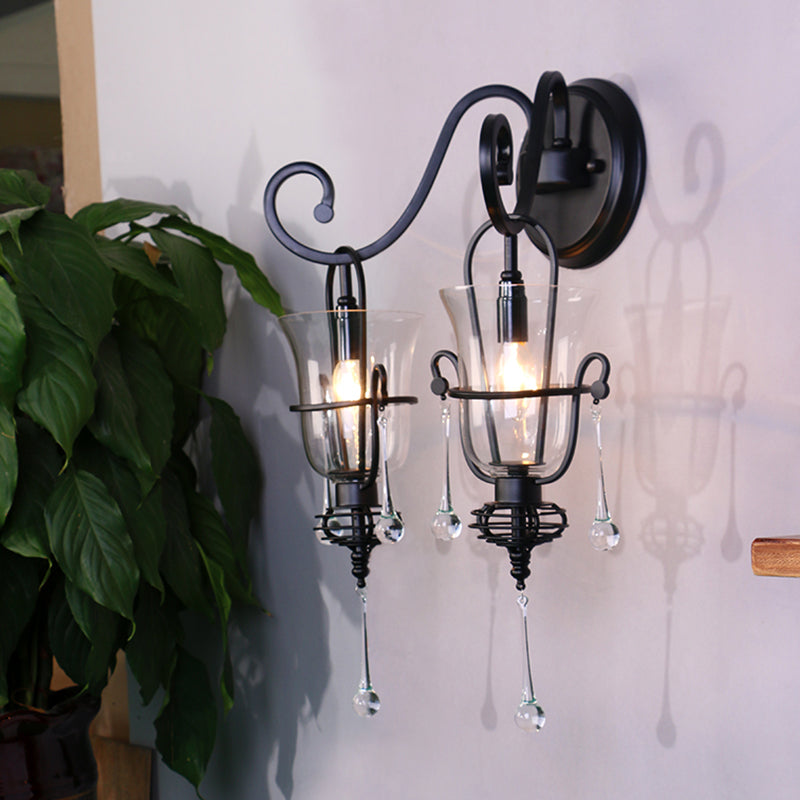Modern Flared Black Wall Lamp With Clear Glass Shade 2 /