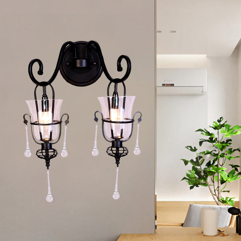 Modern Flared Black Wall Lamp With Clear Glass Shade