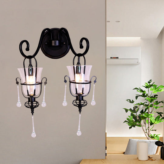 Modern Flared Black Wall Lamp With Clear Glass Shade