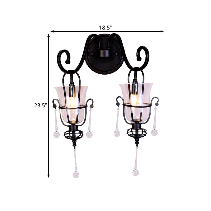 Modern Flared Black Wall Lamp With Clear Glass Shade